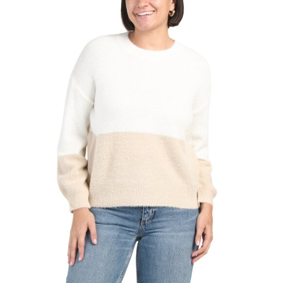 THEO & SPENCE WHITE/TAN Feathered Two Tone Crew Neck Sweater - Picture 1 of 2